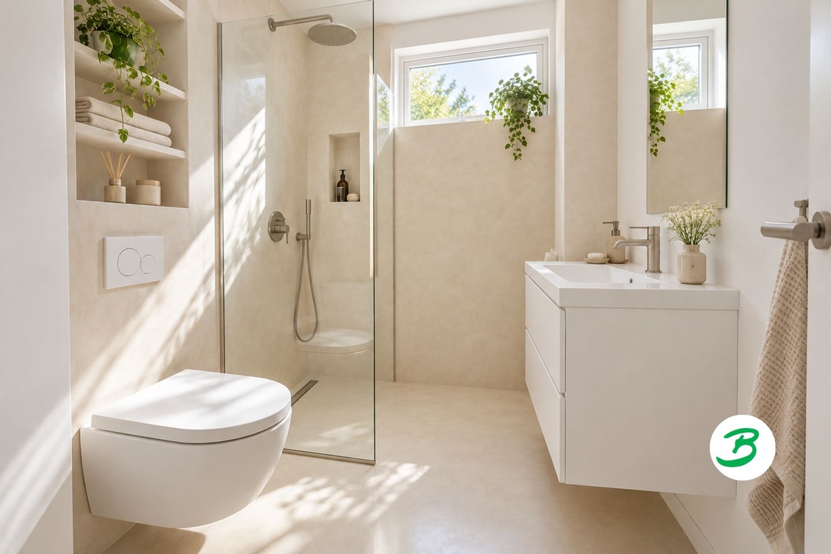petite salle de bain en béton ciré beige